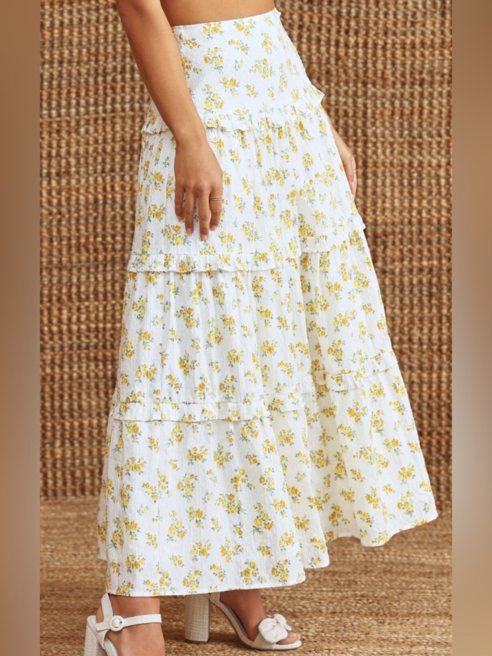 Altar'd State Yellow Floral Tiered Maxi Skirt Cotton Boho Eyelet White S - Picture 2 of 16